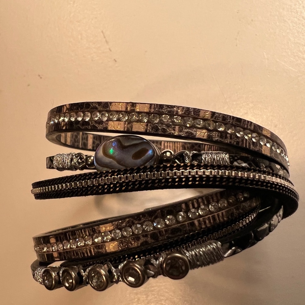 Double Wrap Leather Rhinestone Bling Bracelet